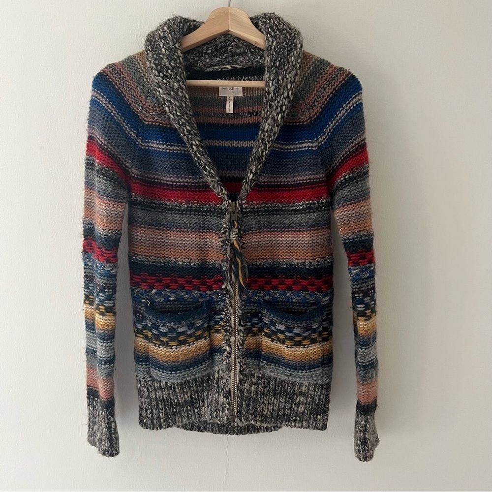Wilfred Cardigan Wool Alpaca Chunky Knit Zip Front Gray Striped Size Small